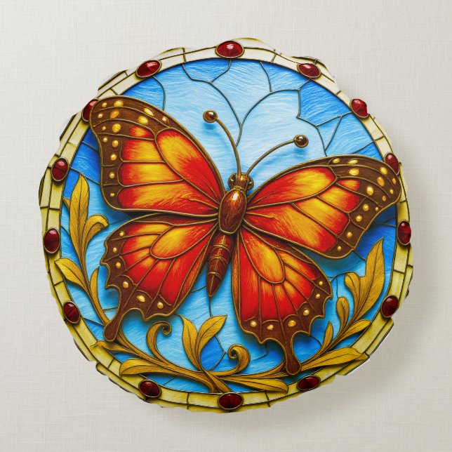 Stained glass window butterfly round cushion (Back)