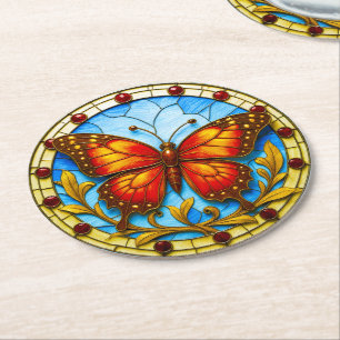 Stained glass window butterfly round paper coaster
