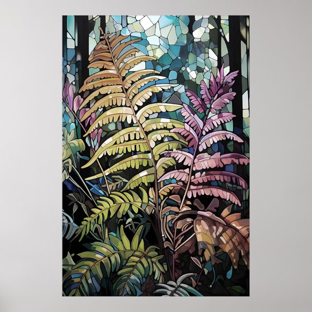Stained glass window deep forest fern, woodland poster (Front)