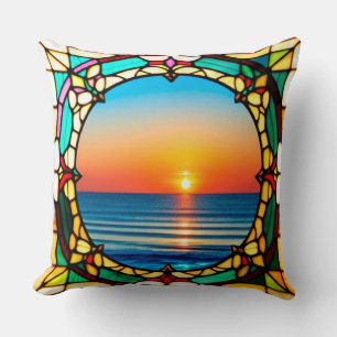 Stained Glass Window Framing a Vibrant Sunriset Cushion