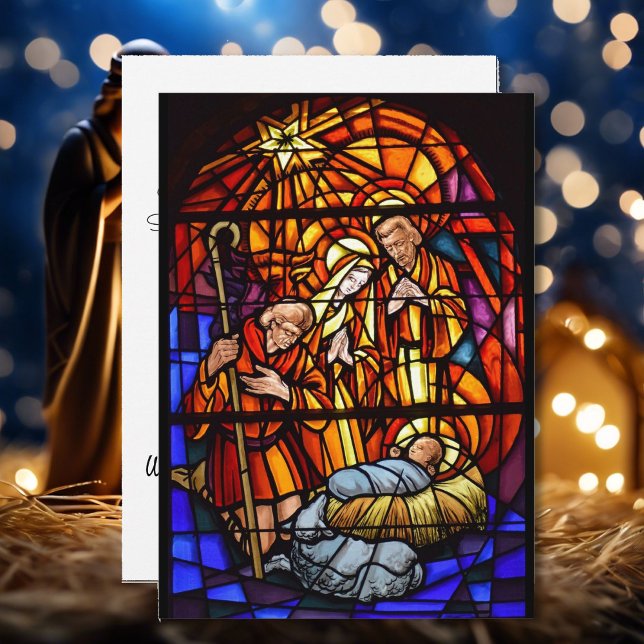 Stained Glass Window Personalise Message Nativity  Holiday Card (Creator Uploaded)