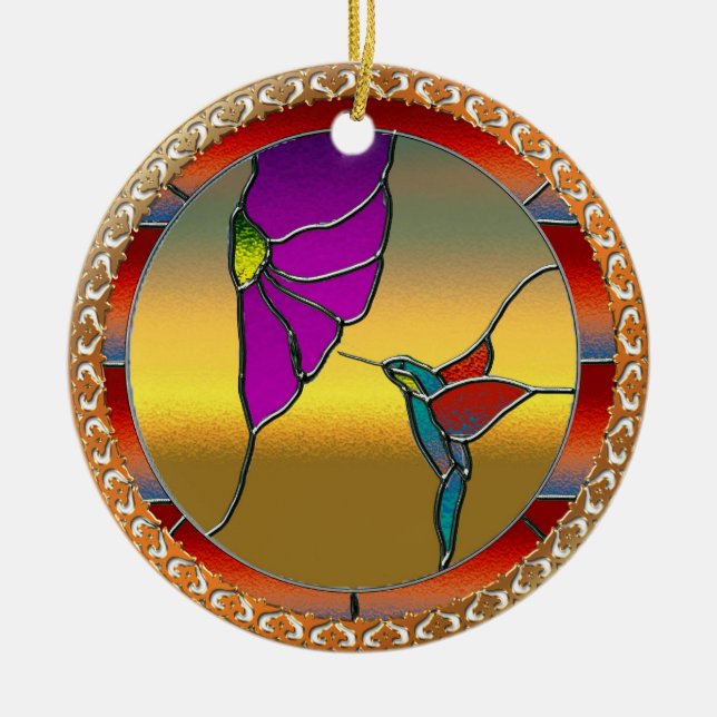 Stained Glass Window Turquoise Hummingbird Ceramic Tree Decoration (Front)