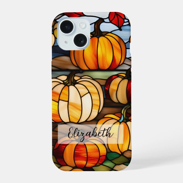 Stained Glass Window with Pumpkins iPhone 15 Case (Back)