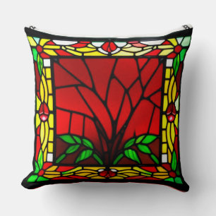 Stained Glass Window With Red Flower Cushion