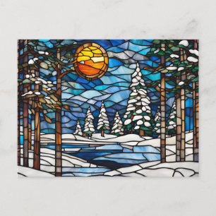 Stained Glass Winter Forest Landscape  Holiday Postcard