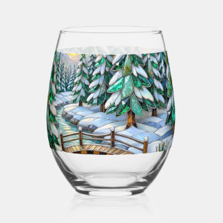 Stained Glass Winter Landscape Emerald Pine Bridge
