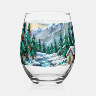 Stained Glass Winter Mosaic Gemstone Cabin Scene