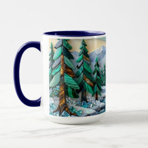 Stained Glass Winter Mosaic Gemstone Cabin Scene Mug