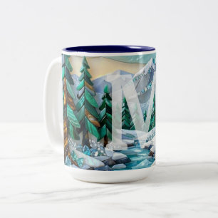 Stained Glass Winter Mosaic Gemstone Cabin Scene Two-Tone Coffee Mug