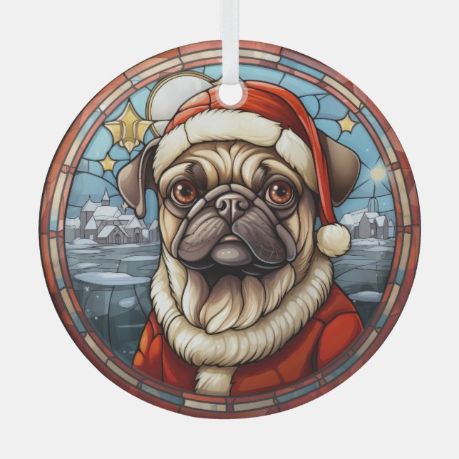 Stained Glass Winter Village Pug Dog Christmas Tree Decoration (Front)