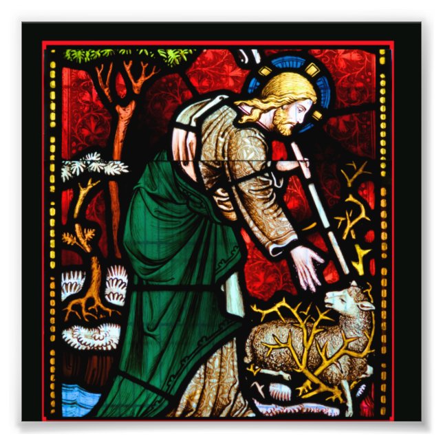 Stained Glass with Jesus rescuing a lamb of God Photo Print (Front)