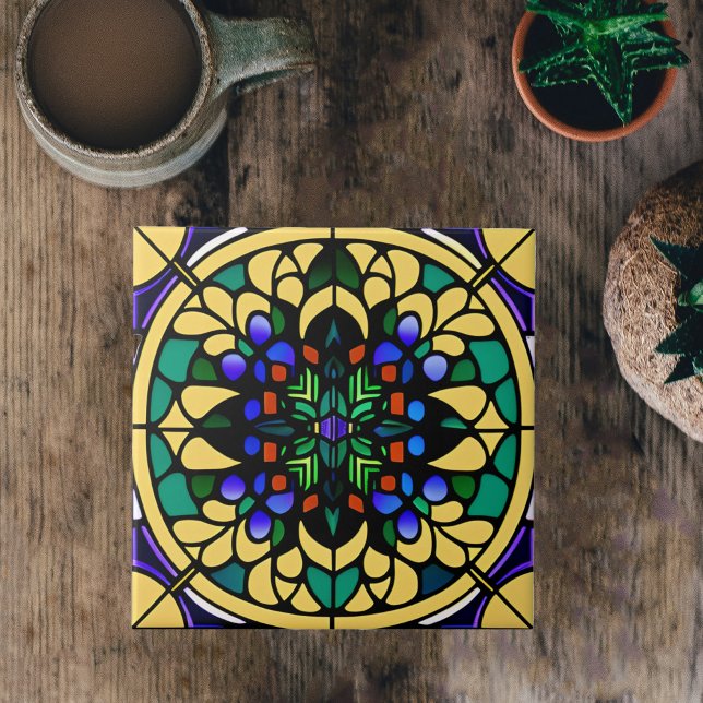 Stained Glass Yellow Colourful Art Deco Artwork Ceramic Tile (Creator Uploaded)