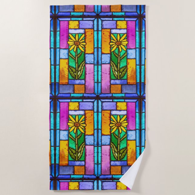 Stained Glass Yellow Daisy Beach Towel (Front)