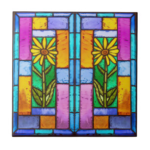 Stained Glass Yellow Daisy Ceramic Tile