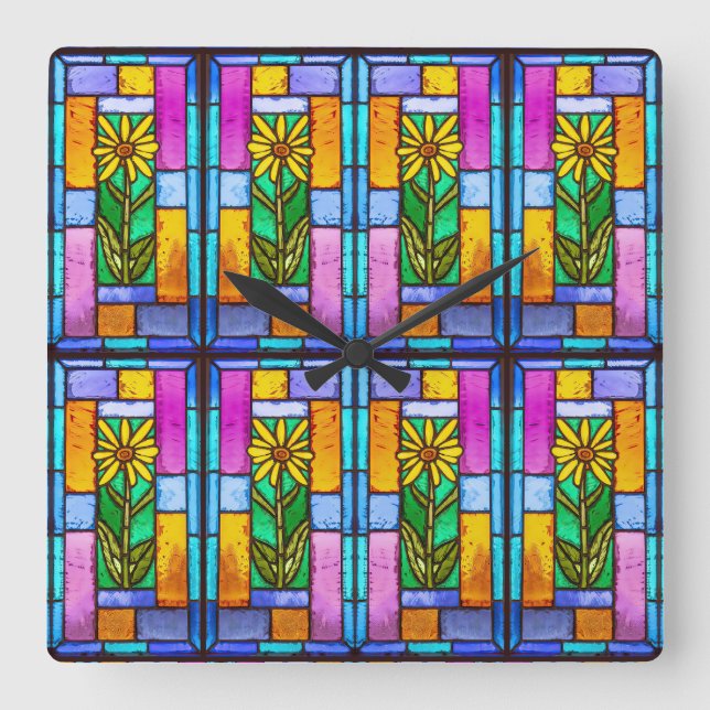 Stained Glass Yellow Daisy Square Wall Clock (Front)