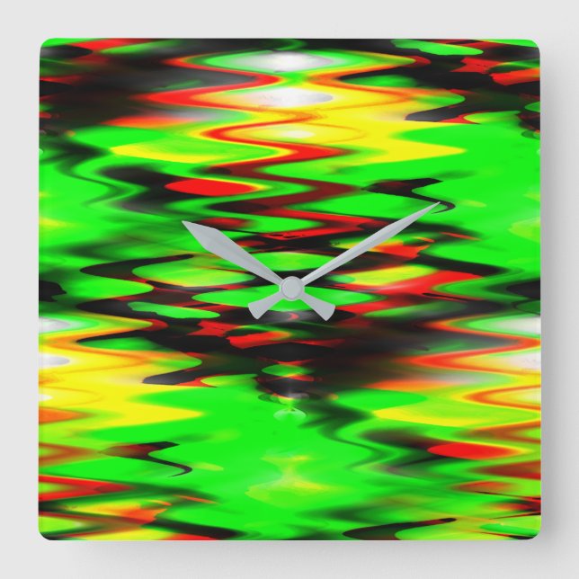 Stained green and red generating abstract zig zag square wall clock (Front)