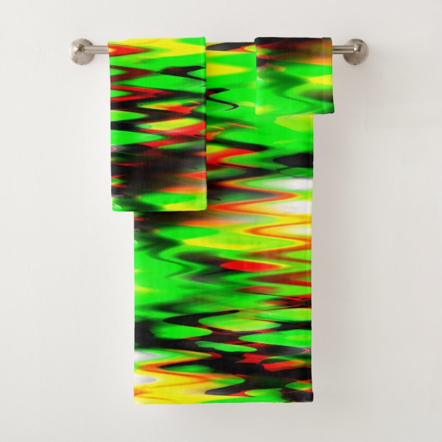 Stained red and green forming abstract zigzag or   bath towel set (Insitu)