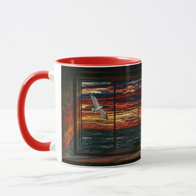 Stainglass sunset with Seagull and Sailboat Mug (Left)