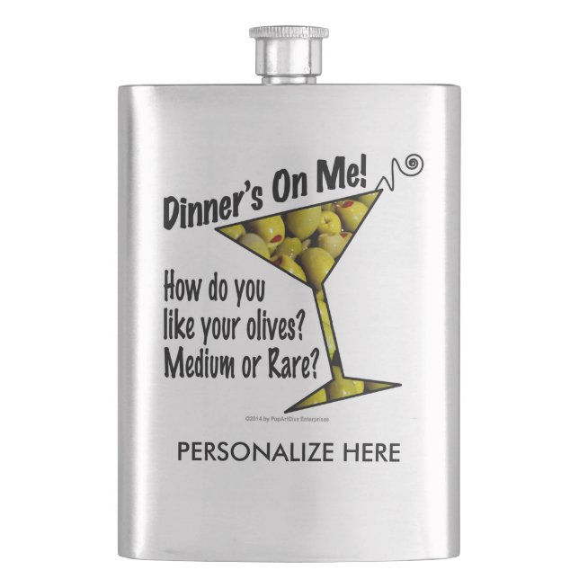 Stainless COCKTAIL FLASK - DINNER, OLIVES, MARTINI (Front)