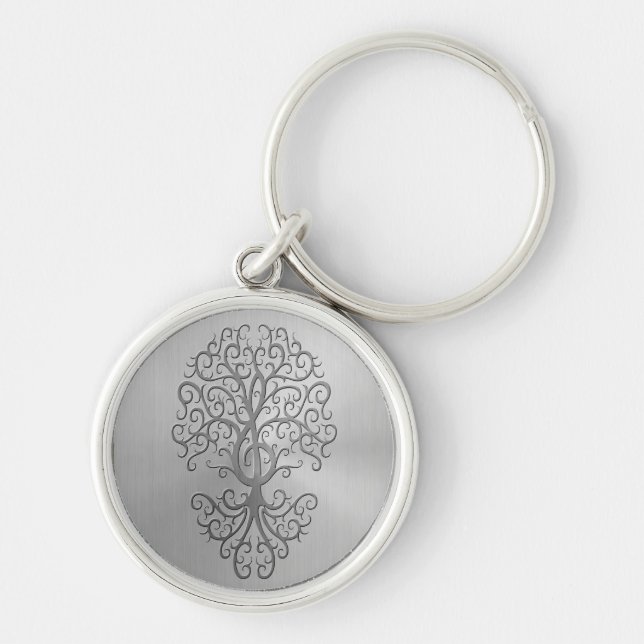 Stainless Steel Effect Treble Clef Tree Graphic Key Ring (Front)