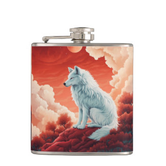 stainless steel flat man with mystical wolf hip flask