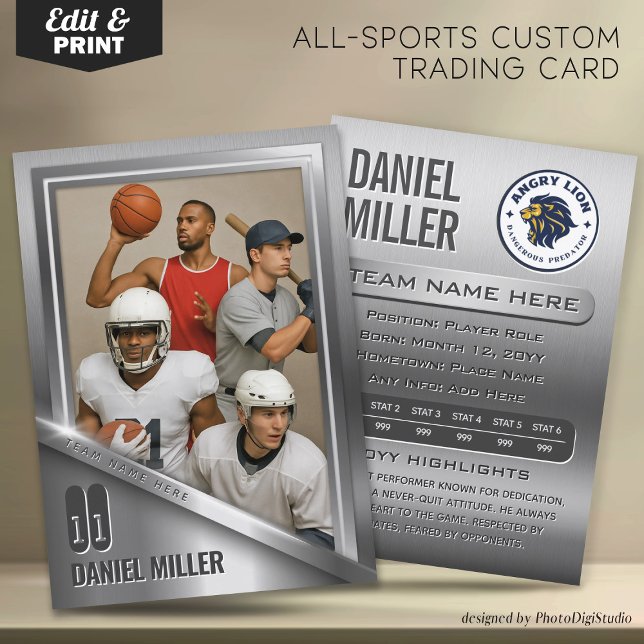 Stainless Steel Trading Card, Custom Sports Card (Stainless Steel Trading Card, Custom Trading Card Template, All Sports Trading Card Silver Card)