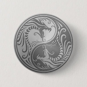 Stainless Steel Yin Yang Dragons 6 Cm Round Badge