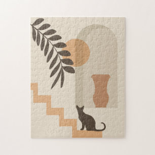 Stairs Leaf Vase Cat, Boho Abstract Geometric Art Jigsaw Puzzle