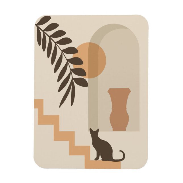 Stairs Leaf Vase Cat, Boho Abstract Geometric Art Magnet (Vertical)