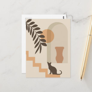 Stairs Leaf Vase Cat, Boho Abstract Geometric Art Postcard