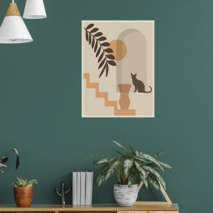 Stairs Leaf Vase Cat, Boho Abstract Geometric Art Poster