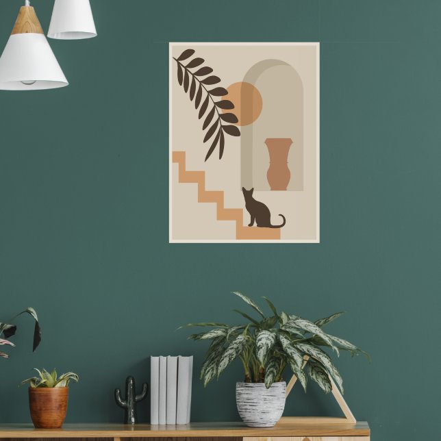 Stairs Leaf Vase Cat, Boho Abstract Geometric Art Poster (Living Room 1)