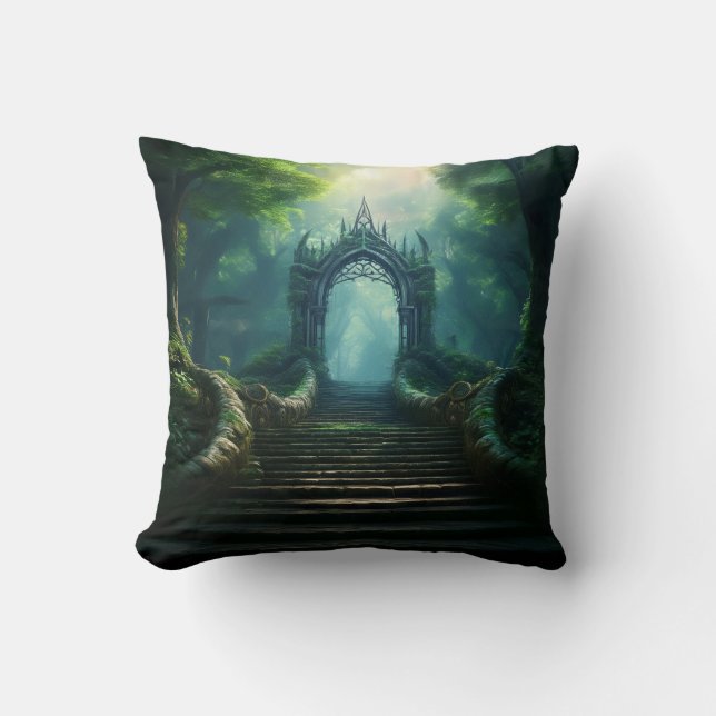 Stairs to Ancient Gate in Enchanted Forest Cushion (Front)