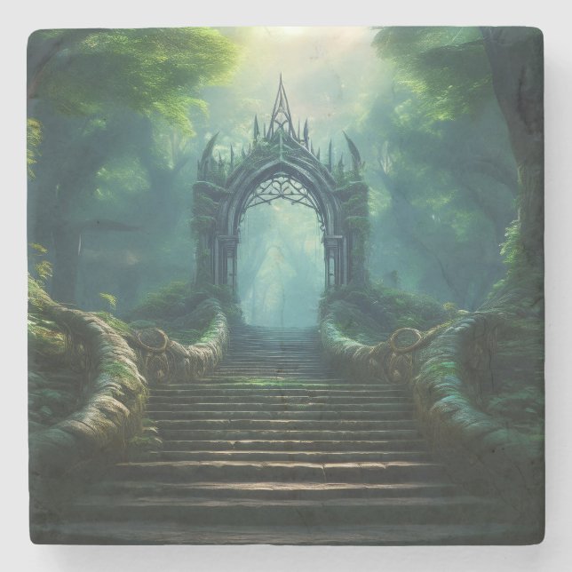 Stairs to Ancient Gate in Enchanted Forest Stone Coaster (Front)