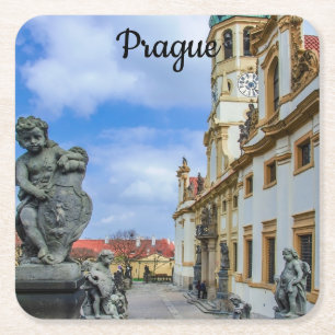 Stairs with stone angels at Loreto Prague church Square Paper Coaster