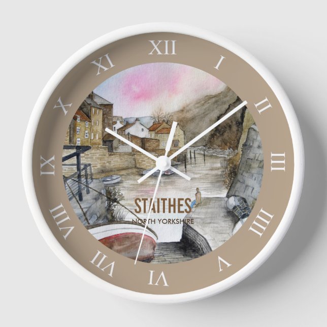 Staithes, North Yorkshire, England Watercolour Clock (Front)