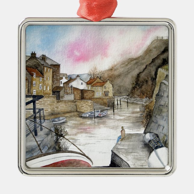 Staithes, North Yorkshire, England Watercolour Metal Ornament (Front)