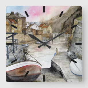 Staithes, North Yorkshire, England Watercolour Square Wall Clock