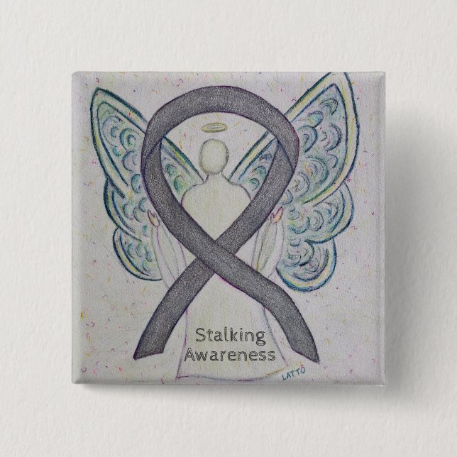 Stalking Awareness Ribbon Silver Angel Art Buttons (Front)