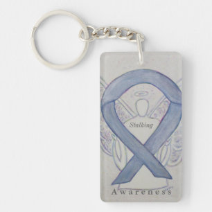 Stalking Awareness Ribbon Silver Angel Keychains