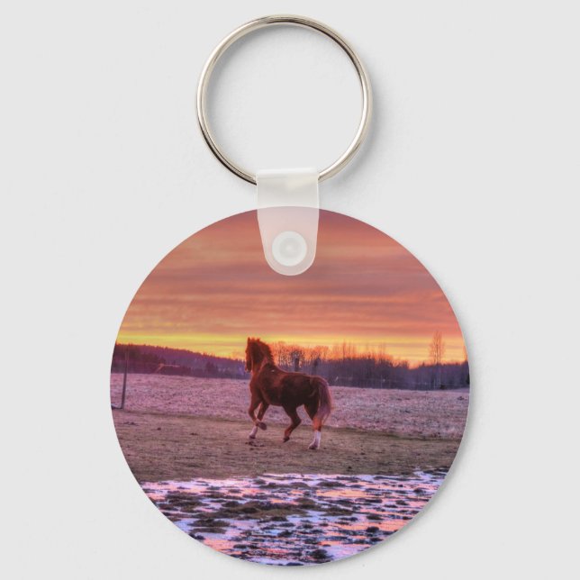 Stallion Running Home at Sunset on Ranch Key Ring (Front)