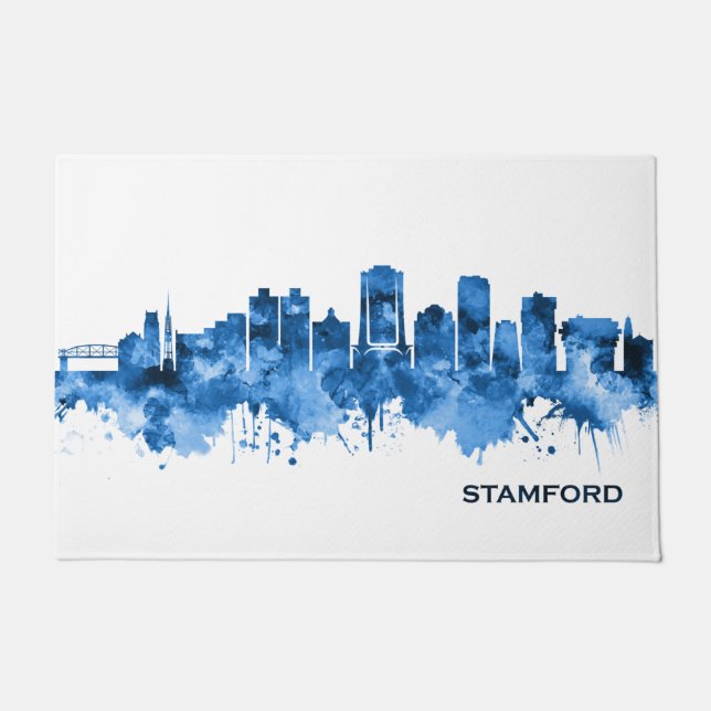 Stamford Connecticut Skyline Blue Doormat (Front)