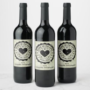 Stamp black - MADE WITH LOVE - heart stars 2 Wine Label