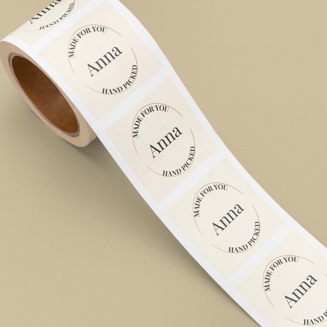 Stamped & Centred Square Sticker (Square sticker with centered serif name framed by faux gold stamp and charcoal gray text.)