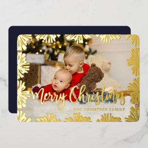 Stamped Floral Frame Photo Foil Holiday Card