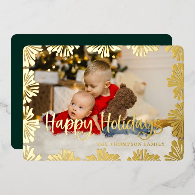 Stamped Floral Frame Photo Foil Holiday Card (Front/Back)