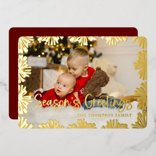 Stamped Floral Frame Photo Foil Holiday Card