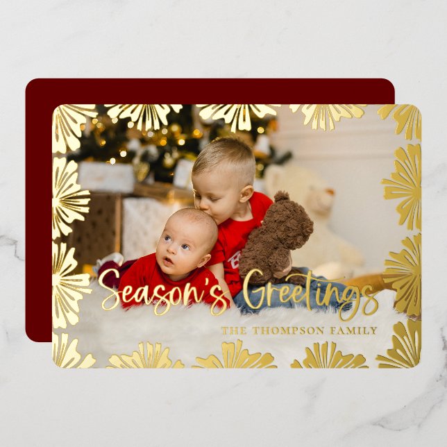Stamped Floral Frame Photo Foil Holiday Card (Front/Back)