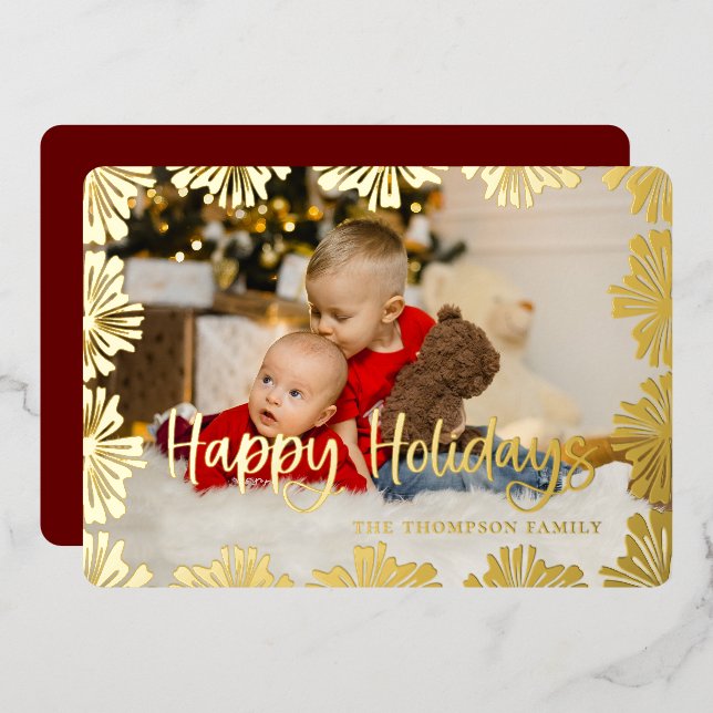 Stamped Floral Frame Photo Foil Holiday Card (Front/Back)