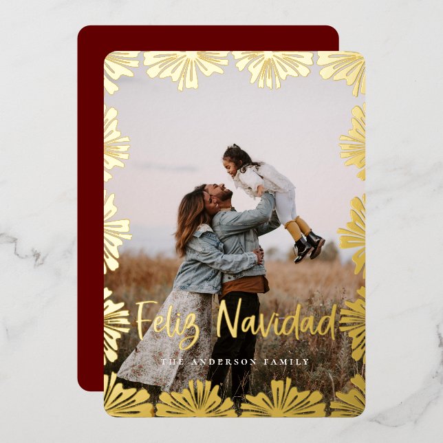 Stamped Floral Frame Photo Foil Holiday Card (Front/Back)